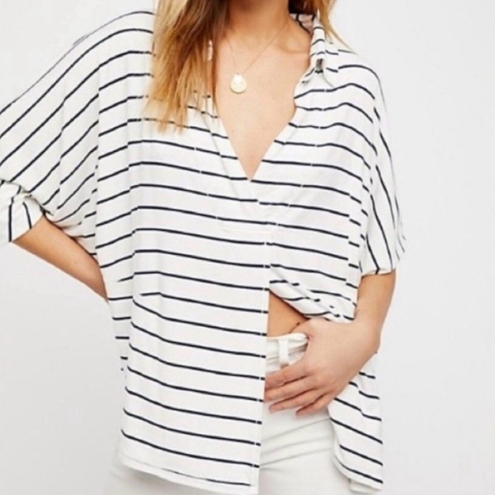 Free People Black and White Striped Button Down Shirt
